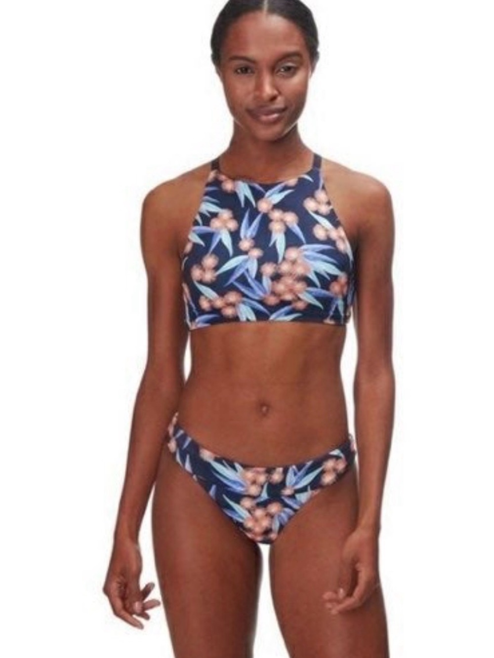 Patagonia Navy Floral High-Neck Bikini Set with Peach Accents